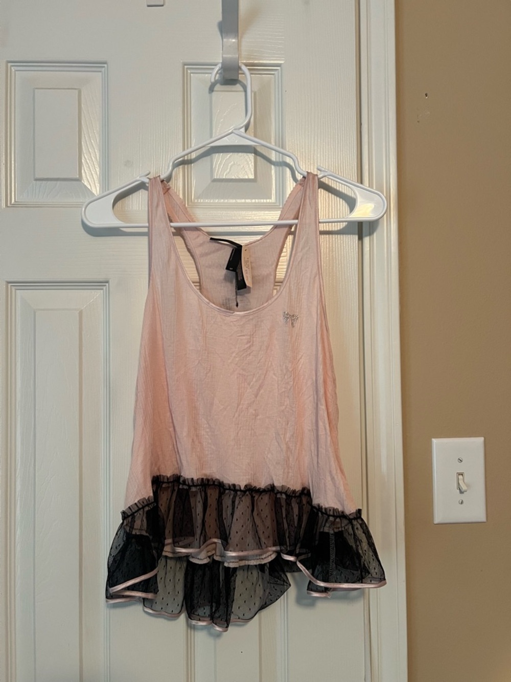 Victoria's Secret NWT Pink Tank Top with Black Mesh Ruffle Hem